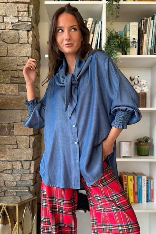 Perfect Chambray Denim Neckerchief Blouse Dark